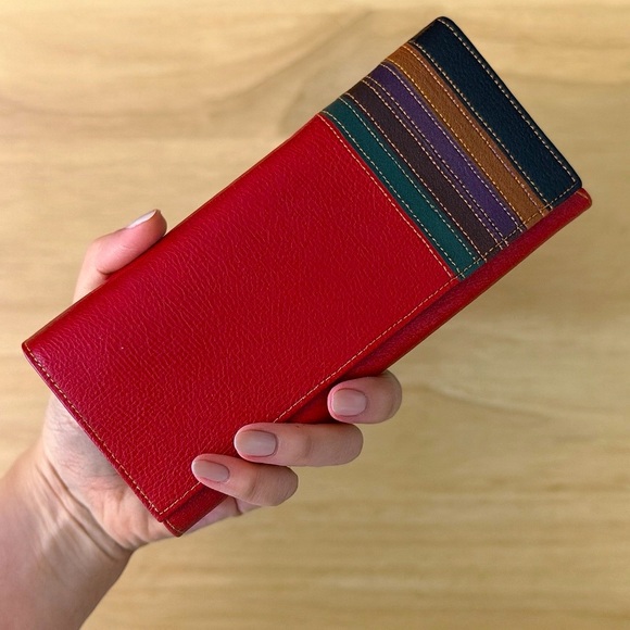 Red Pebble Leather Long Wallet Colorblock Stripe Multicolor Trifold Clutch Purse - Picture 1 of 16